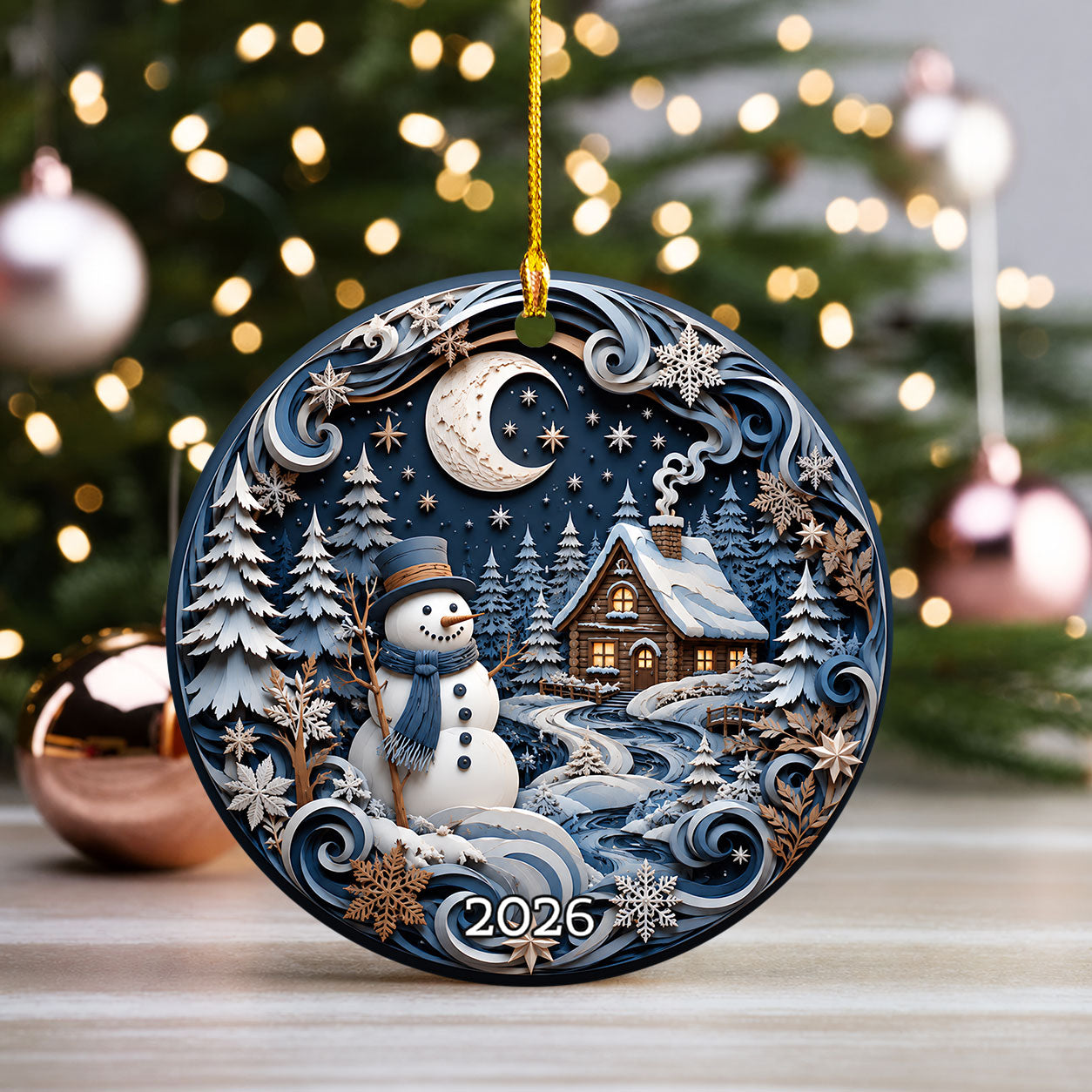2026 Christmas Ornament with Snowman, Winter Village Christmas Tree Ornament, Ceramic Holiday Decoration