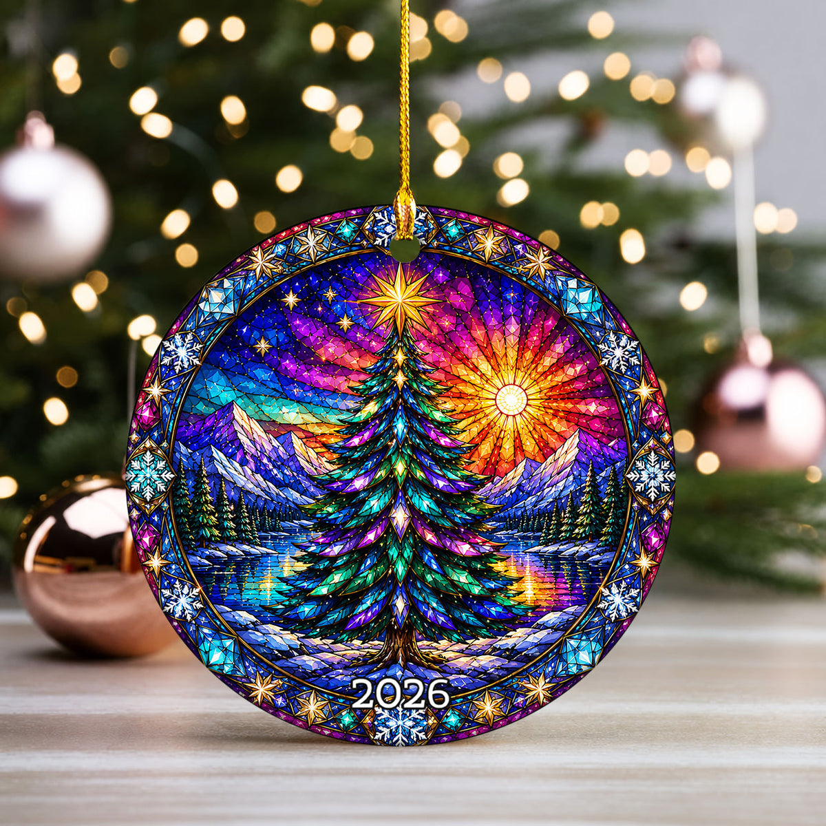 Colorful Stained Glass Christmas Tree Ornament 2026, Winter Mountain Lake Suncatcher Style, Holiday Decor