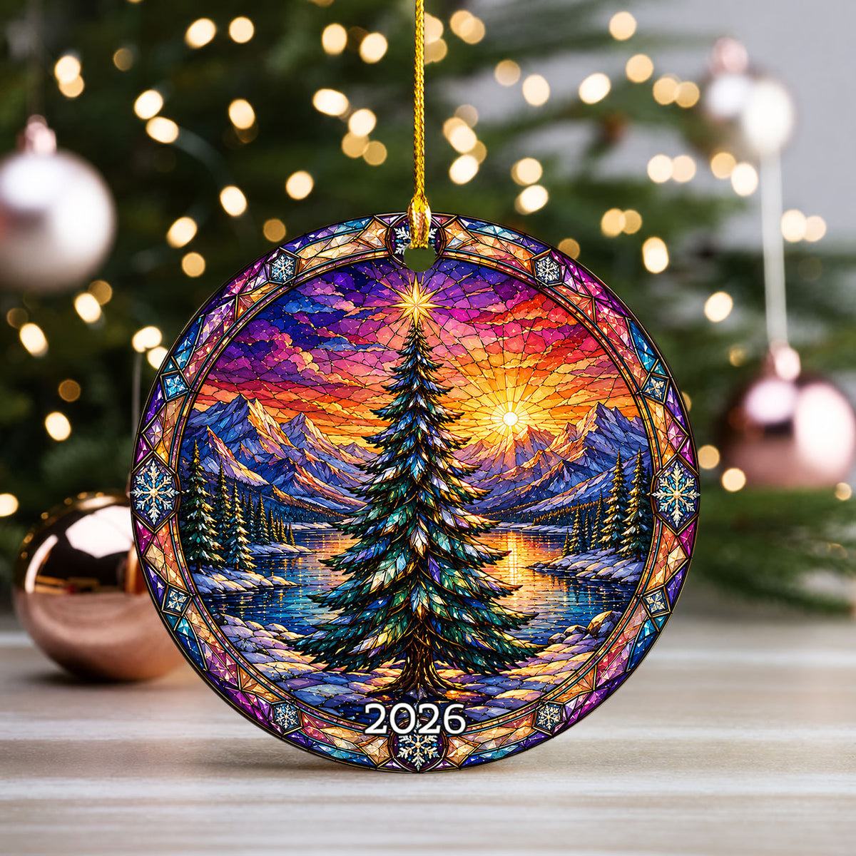 Colorful Christmas Tree Ornament 2026, Stained Glass Style Holiday Ornament, Winter Landscape Decor