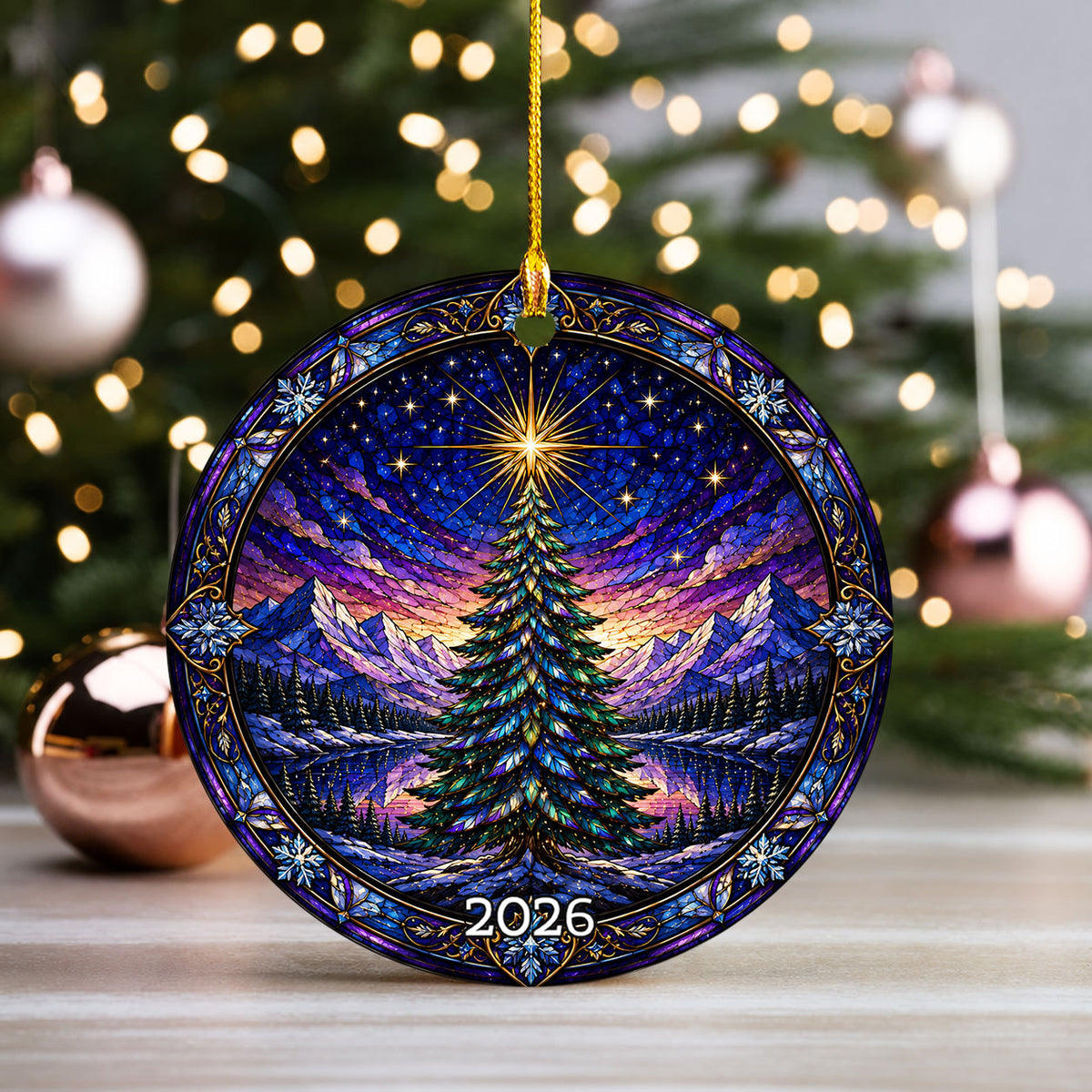 Christmas Tree Suncatcher Style Ornament 2026, Colorful Winter Mountain Scene Decoration