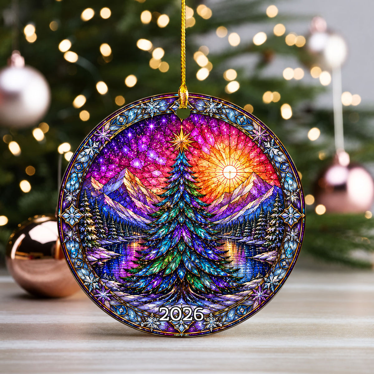 Stained Glass Style Christmas Ornament 2026, Colorful Evergreen Tree with Mountain Lake, Holiday Tree Decoration