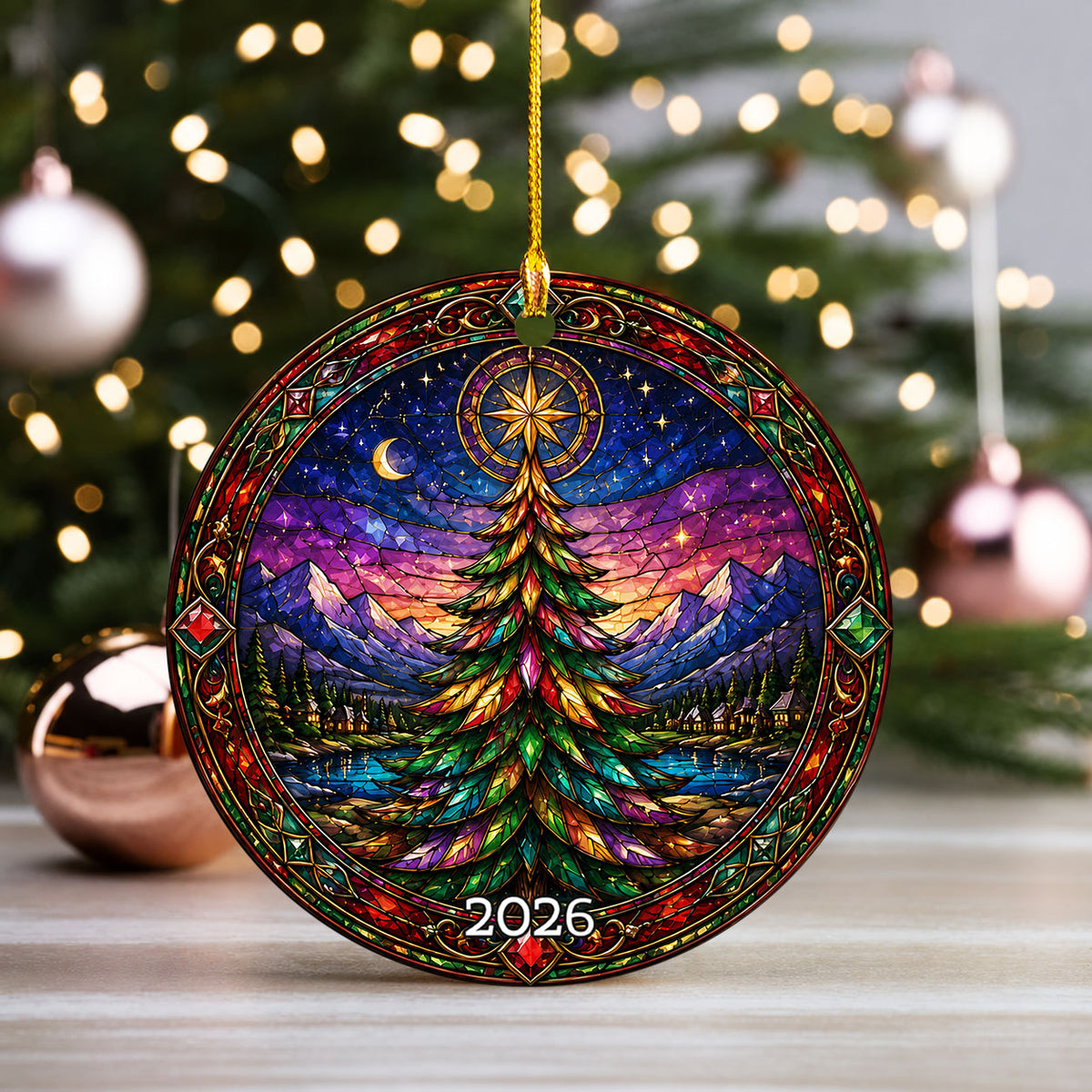 Christmas Tree Holiday Ornament 2026, Colorful Stained Glass Inspired Winter Scene, Festive Christmas Decoration