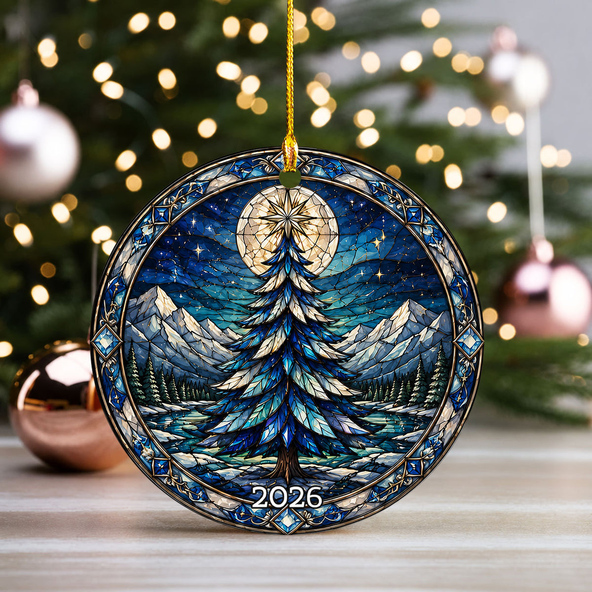 Winter Christmas Tree Ornament 2026, Colorful Mountain Landscape Holiday Decor, Stained Glass Inspired Christmas Gift