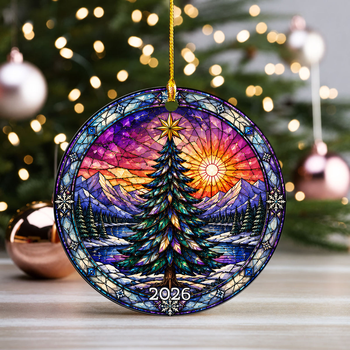 Christmas Ornament 2026 with Colorful Christmas Tree, Winter Lake Landscape Decoration, Holiday Tree Keepsake