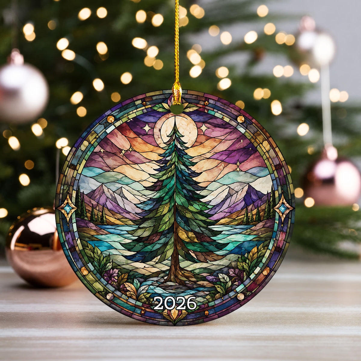 Vintage Christmas Tree Ornament 2026, Holiday Winter Landscape Decor, Stained Glass Inspired Christmas Keepsake