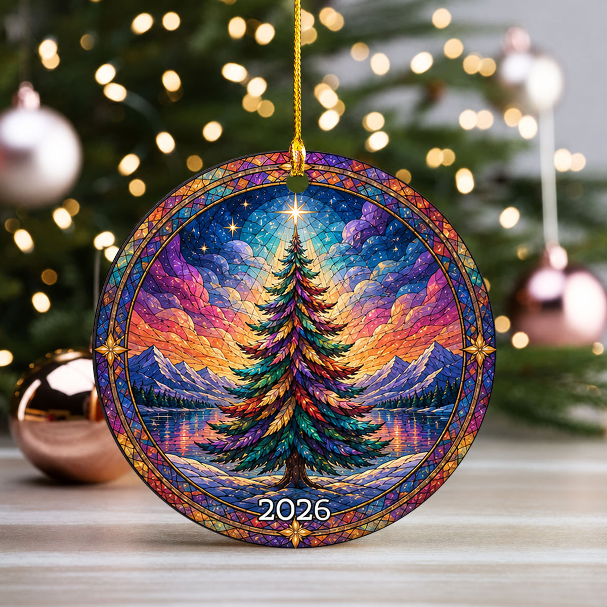 Colorful Stained Glass Style Christmas Tree Ornament 2026, Winter Mountain Lake Suncatcher Style