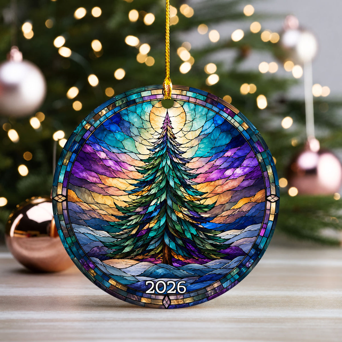 Christmas Tree Keepsake Ornament 2026, Colorful Rainbow Evergreen Winter Scene, Holiday Decoration