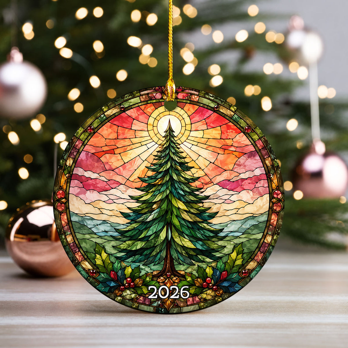 Winter Christmas Tree Ornament 2026, Vintage Chrismas Tree Holiday Decoration, Stained Glass Inspired Christmas Tree Keepsake Gift