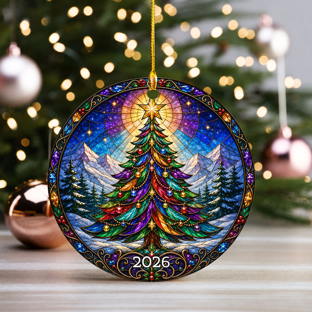 Colorful Stained Glass Christmas Tree Ornament 2026, Rainbow Evergreen Winter Mountain Scene, Holiday Tree Decoration