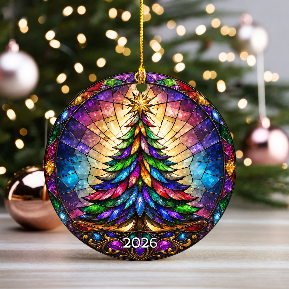 Rainbow Christmas Tree Ornament 2026, Colorful Stained Glass Holiday Decoration, Winter Landscape Christmas Gift