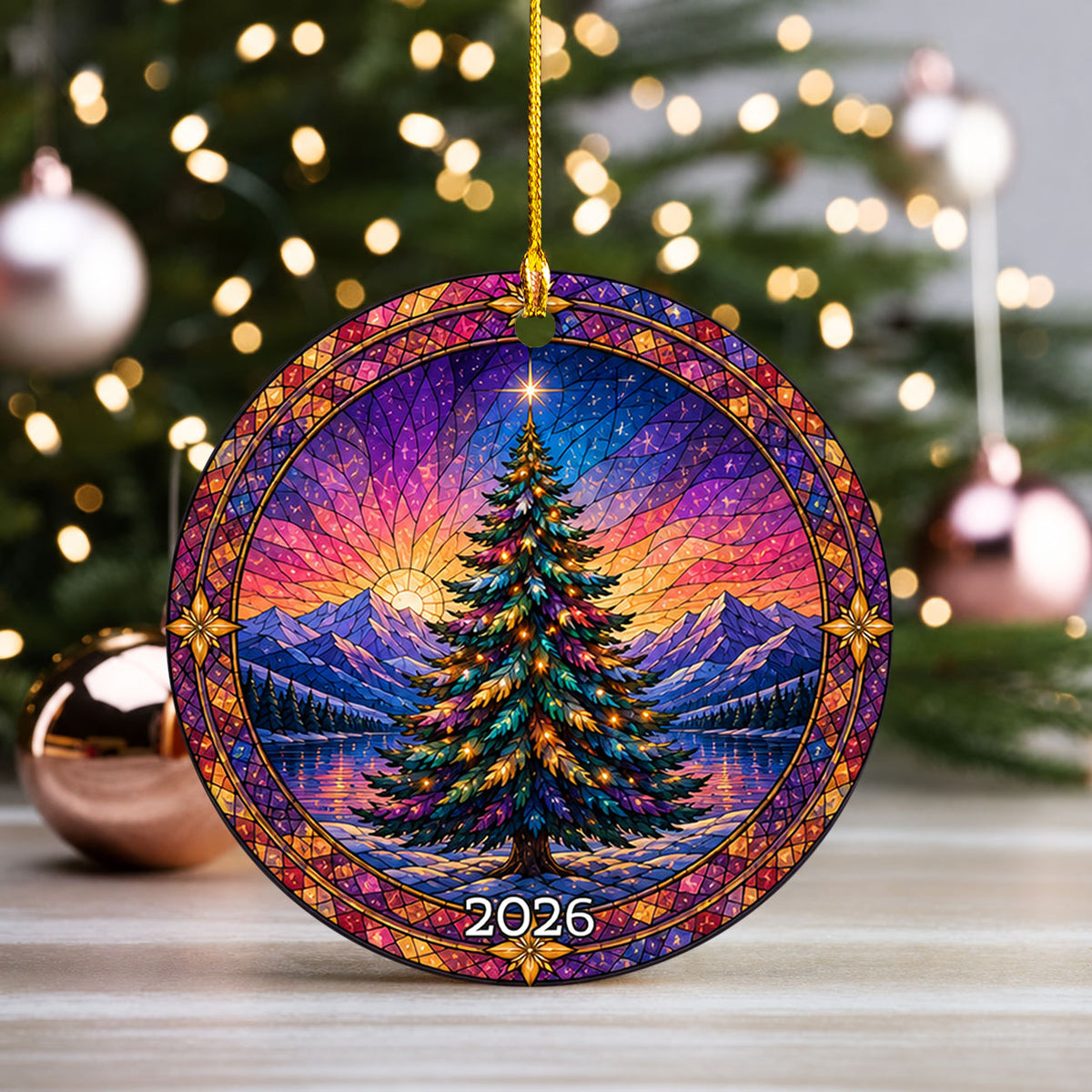 Colorful Christmas Ornament 2026, Rainbow Evergreen Tree with Winter Mountain Scene, Holiday Tree Decor
