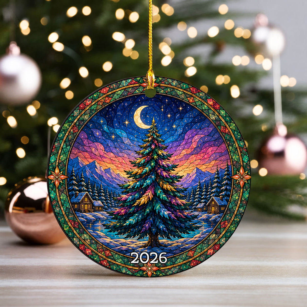 Winter Christmas Tree Ornament 2026, Aurora Sky Christmas Decor, Holiday Ornament, Snowy Mountain Landscape