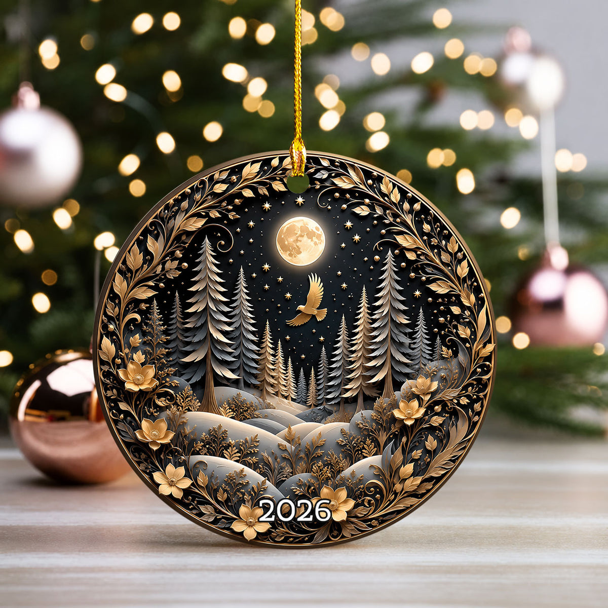 Winter Forest Christmas Ornament 2026, Moon Night Woodland Christmas Tree Decor, Nature Inspired Holiday Ornament