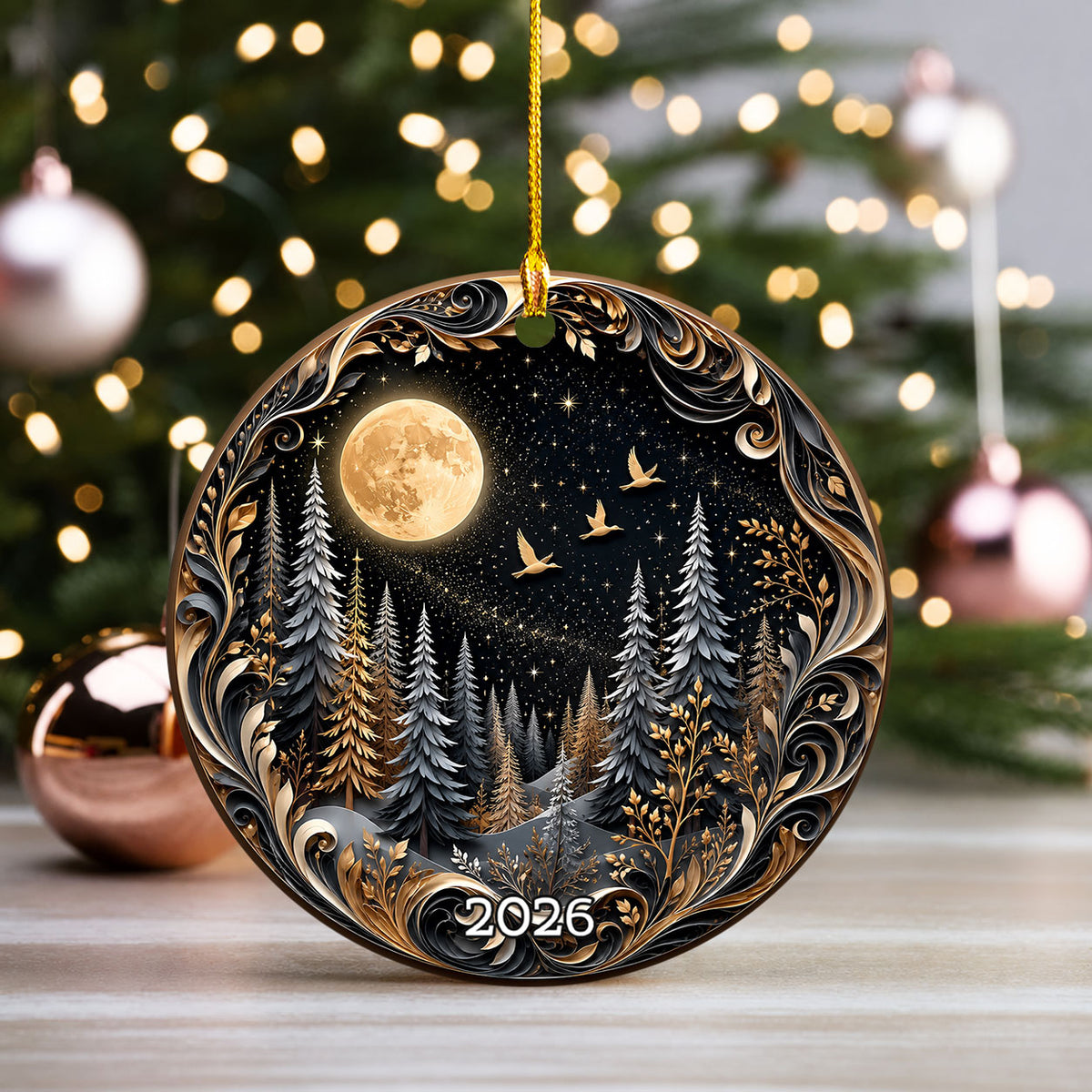 Christmas Forest Ornament 2026, Moonlit Pine Trees Holiday Decoration, Woodland Christmas Keepsake, Winter Nature Gift for Friends and Family