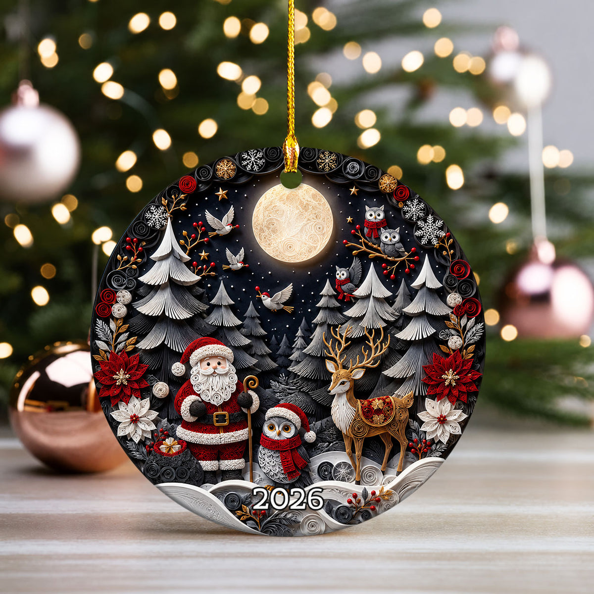 Santa Woodland Christmas Ornament 2026, Owl Deer Robin Winter Forest Cabin Christmas Tree Decoration, Holiday Keepsake Gift for Family