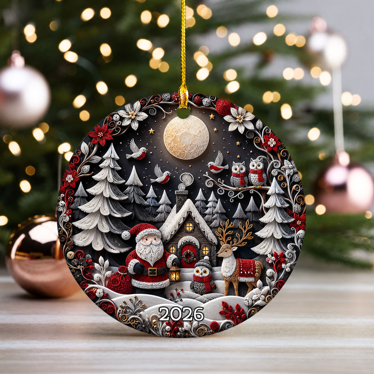Holiday Christmas Ornament 2026, Santa Owl Deer Robin Forest Cabin Winter Scene, Christmas Tree Decoration, Festive Keepsake Gift