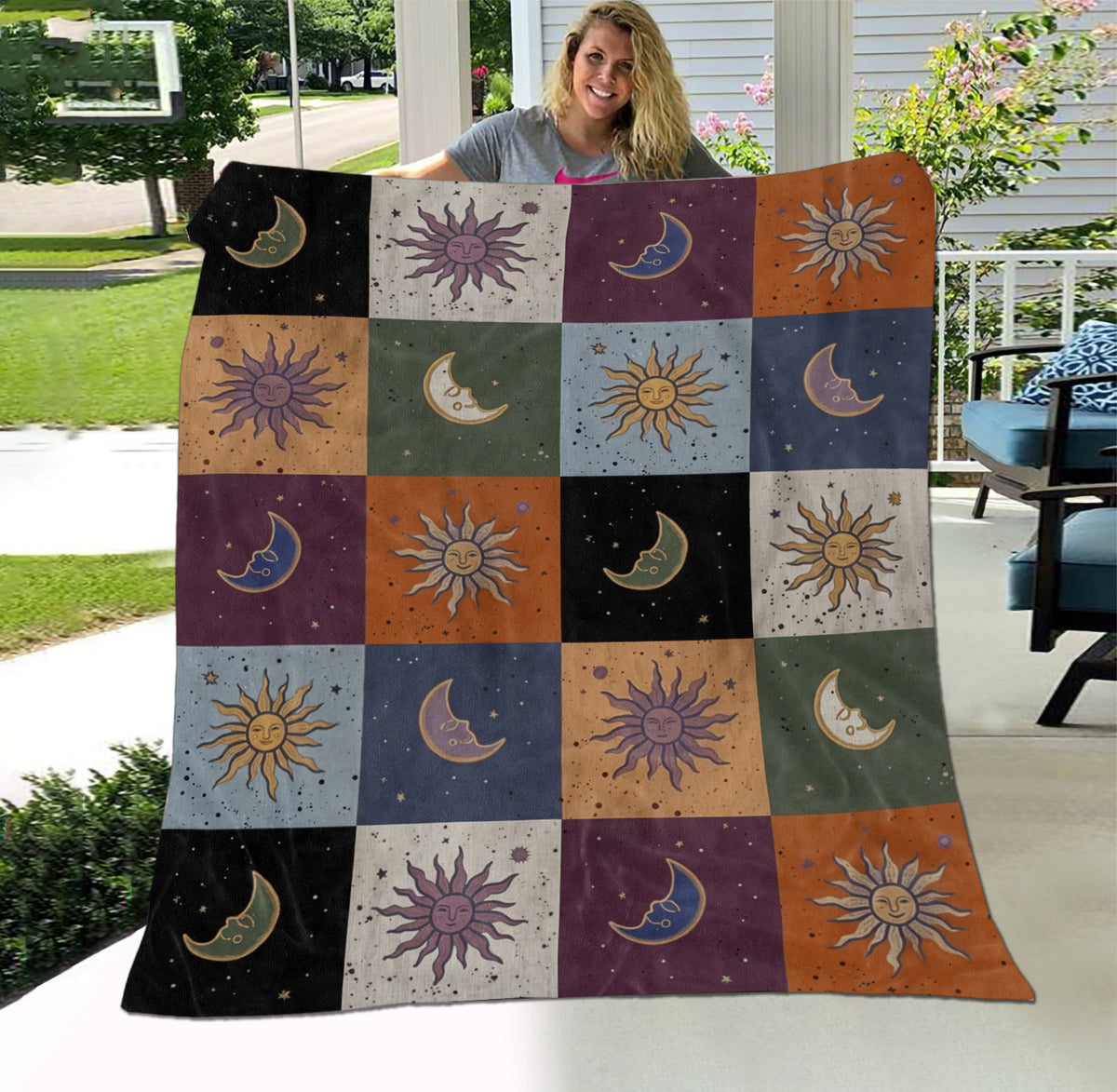Mystic Sun Moon Boho Style, Celestial Checkerboard Throw Blanket