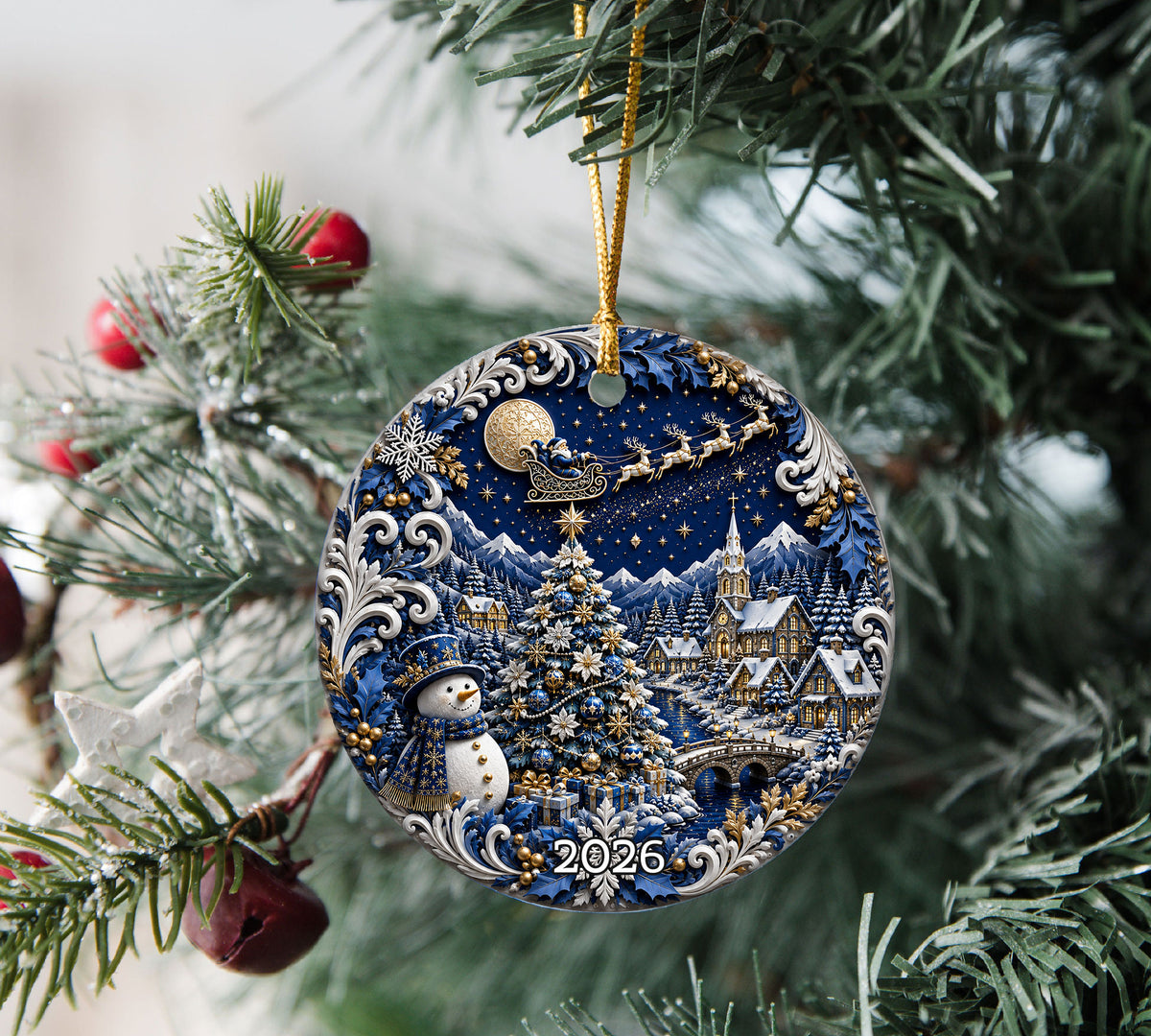 Blue Christmas Ornament 2026, Snowman Christmas Tree Ornament, Winter Village Ceramic Ornament
