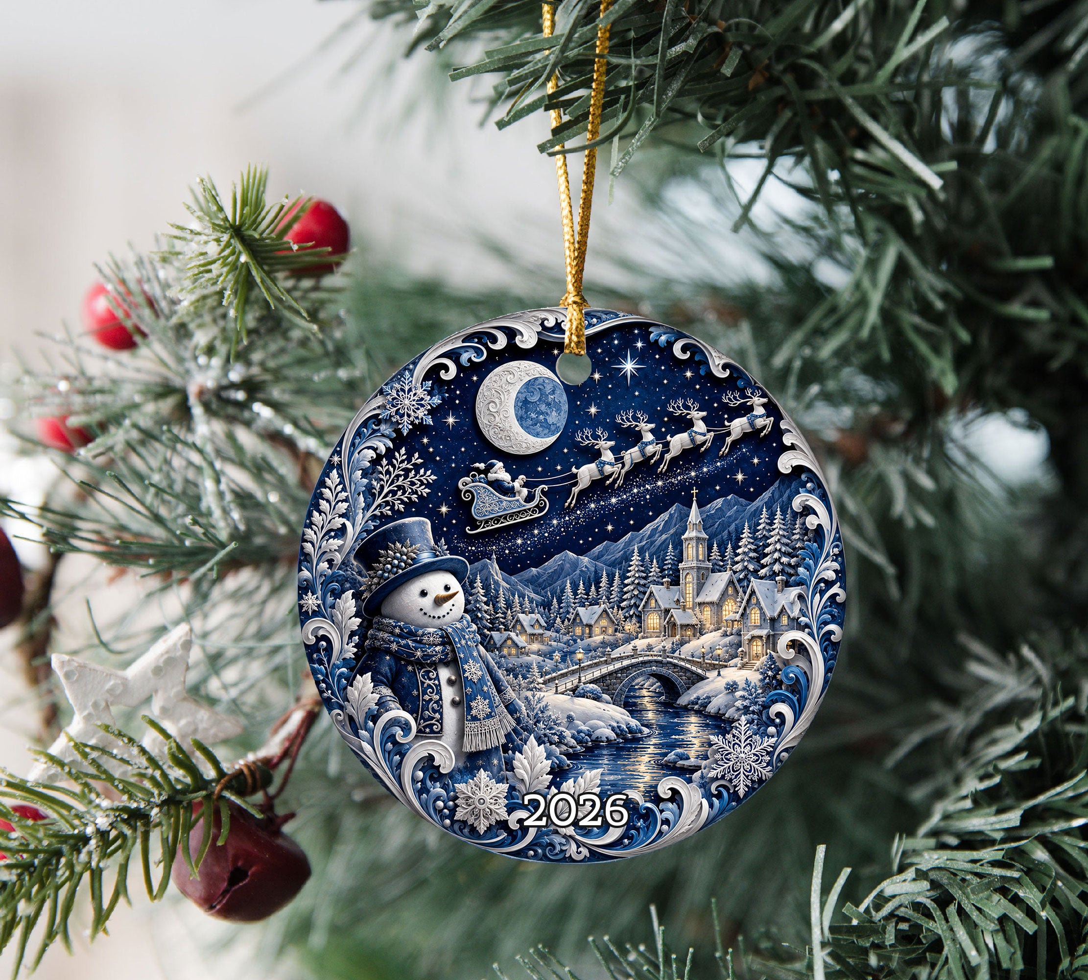 Blue Christmas Village Ornament 2026, Snowman Holiday Ornament, Ceramic Christmas Decoration