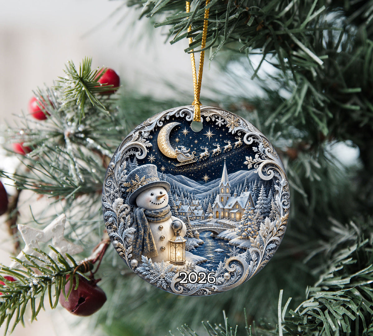 Blue Christmas Village Ornament 2026, Snowman Holiday Ornament, Ceramic Christmas Decoration, Winter Home Decor