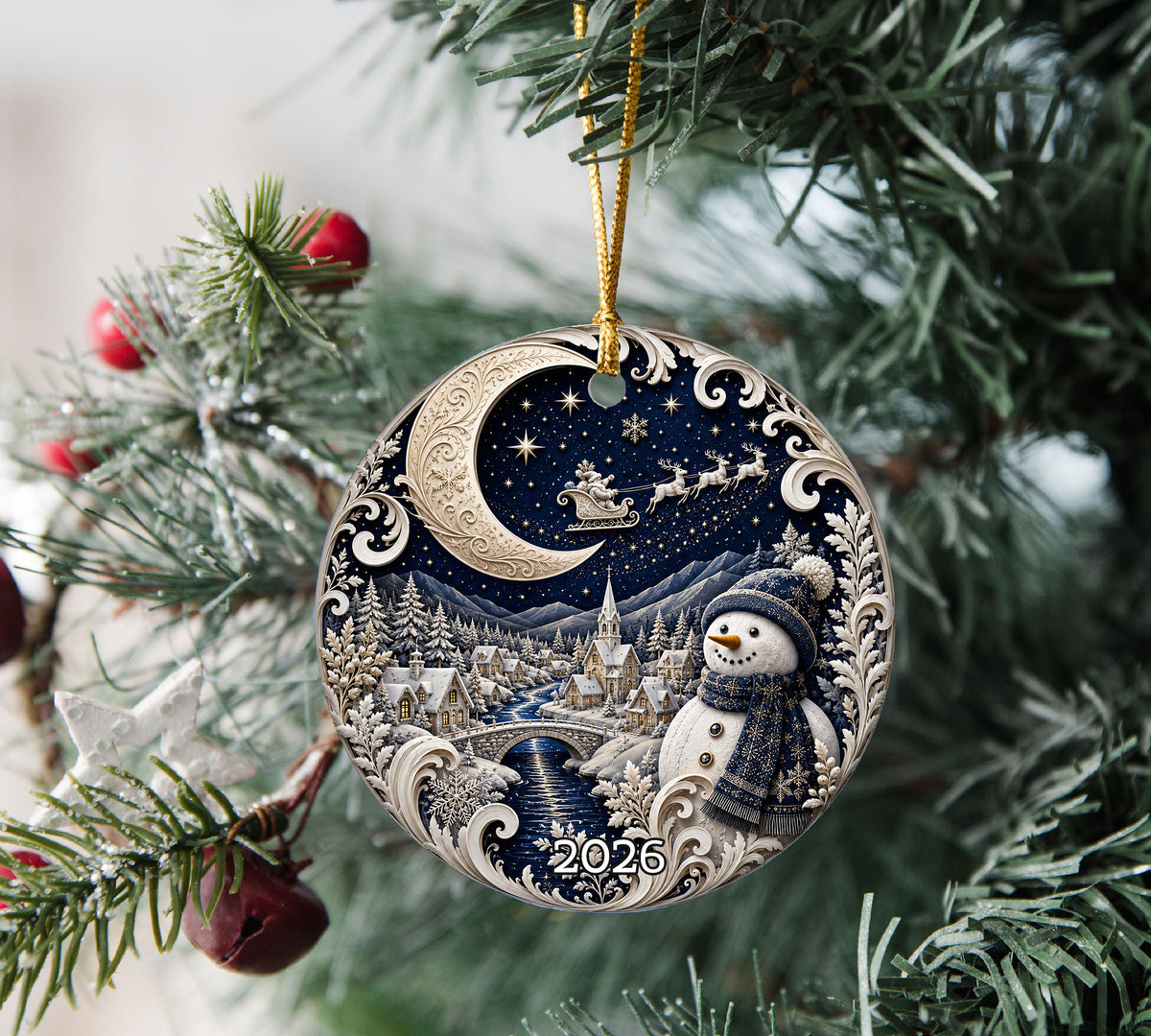 Christmas Ornament 2026 Blue Winter Village with Snowman, Ceramic Tree Ornament, Holiday Decoration