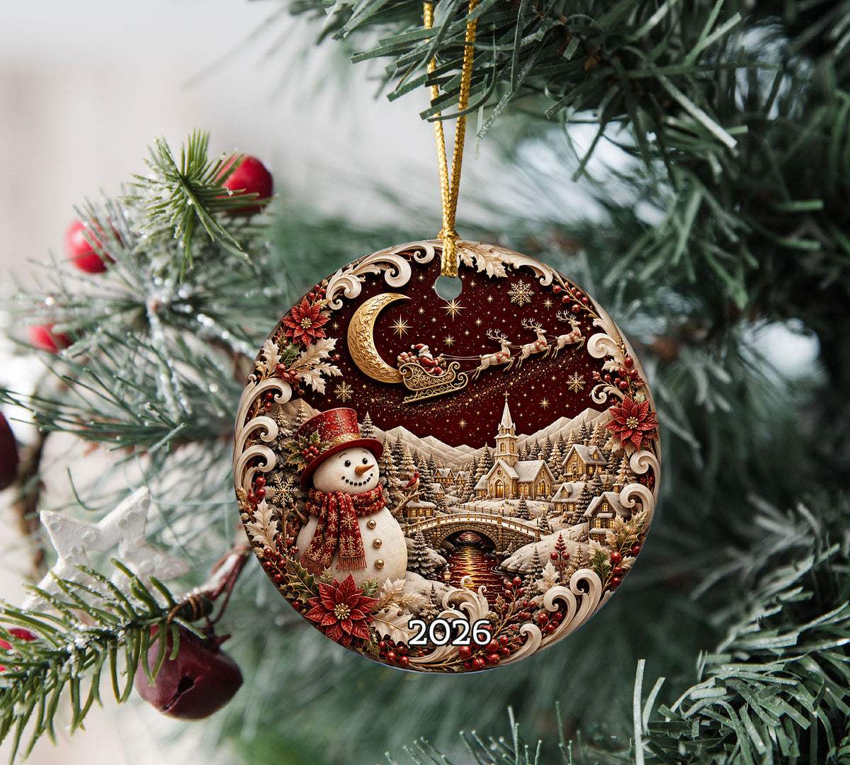 Red Snowman Christmas Ornament 2026, Winter Village Tree Ornament, Ceramic Holiday Decoration