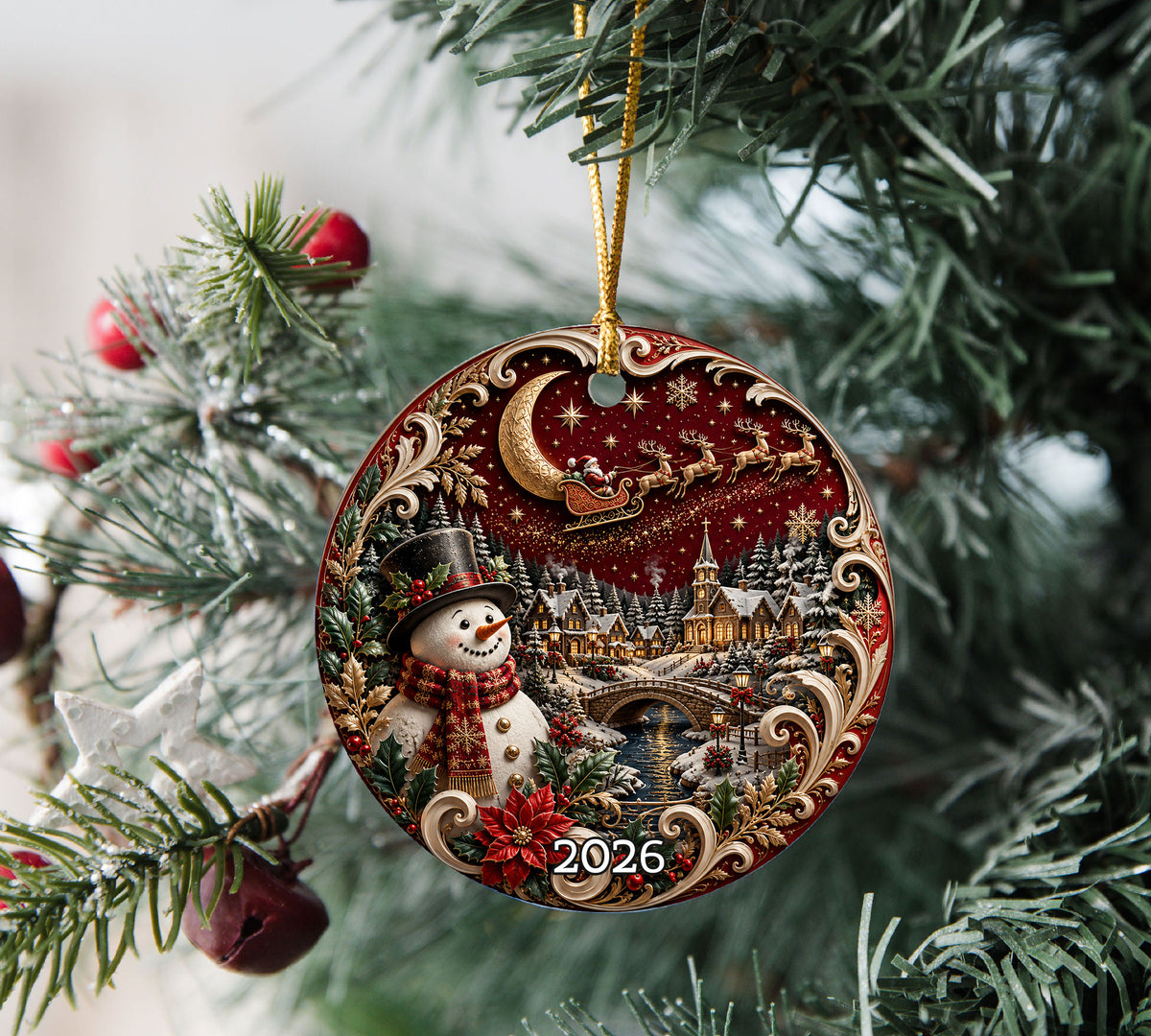 Christmas Tree Ornament 2026 with Snowman and Winter Village, Red Ceramic Ornament, Holiday Decoration