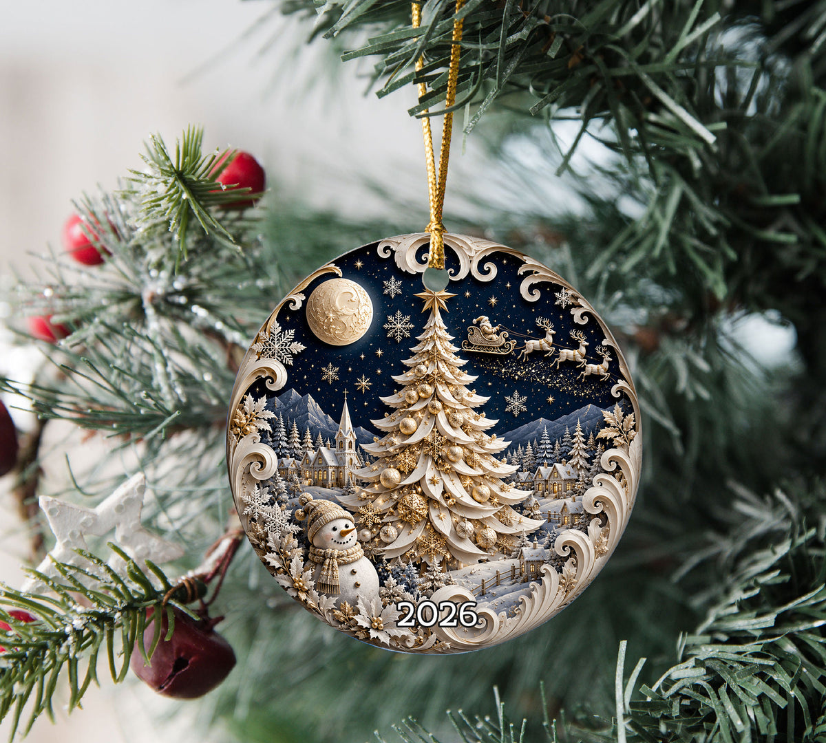 Christmas Ornament 2026 Blue Winter Village with Snowman, Ceramic Tree Ornament, Holiday Decoration