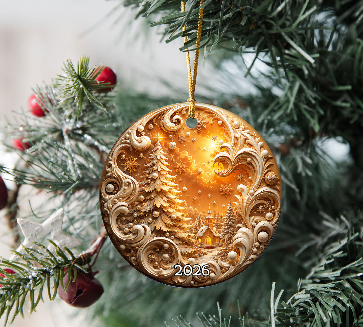Golden Christmas Tree Ornament 2026, Cozy Winter Village Ornament, Christmas Tree Keepsake, Holiday Gift, Festive Seasonal Home Decoration