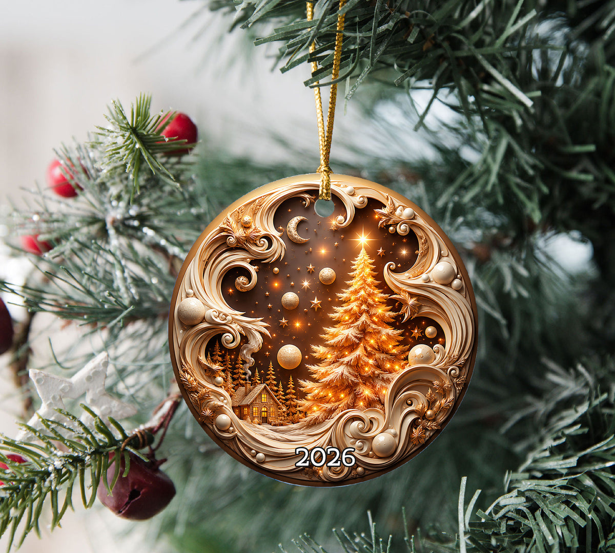 2026 Golden Christmas Tree Ornament, Winter Village Christmas Ornament, Elegant Holiday Tree Decoration