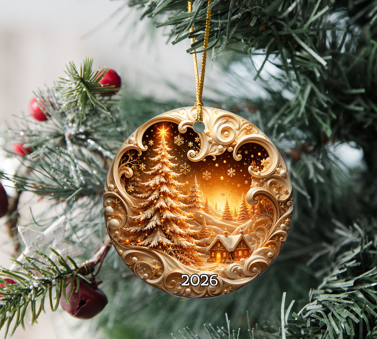 Christmas Ornament 2026, Custom Name Christmas Tree Church Winter Night Ornament, Snowflake Holiday Keepsake