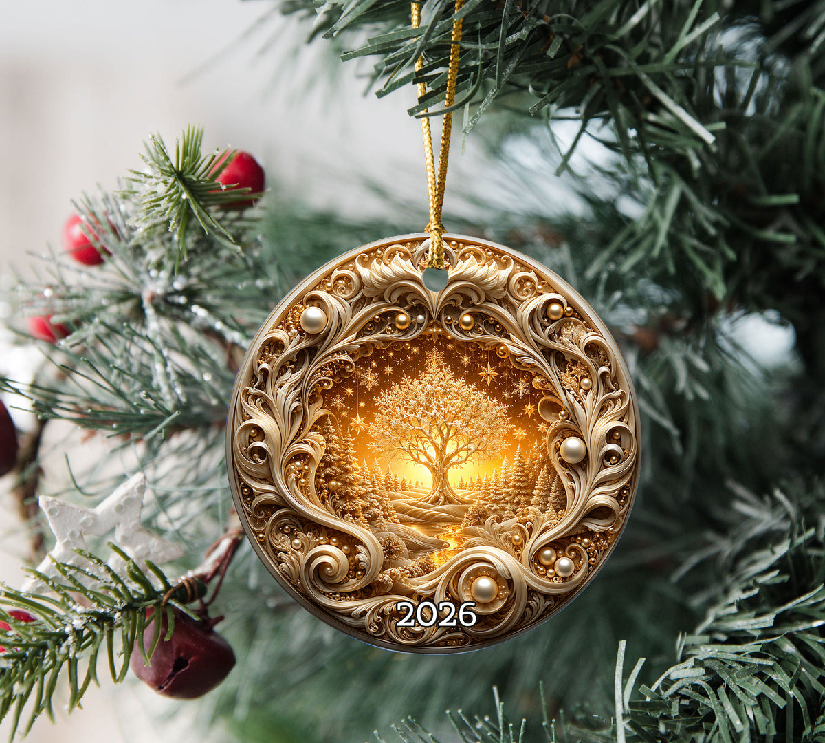 Golden Tree of Life Christmas Ornament 2026, Ceramic Christmas Tree Ornament, Winter Holiday Decor, Christmas Keepsake Gift for Family