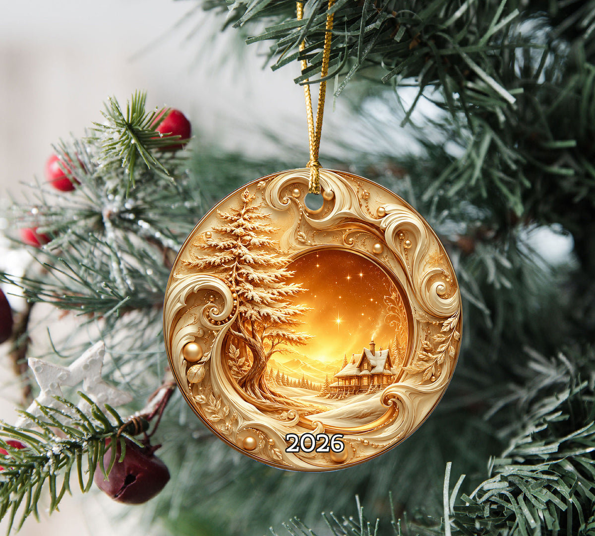Golden Christmas Tree Ornament 2026, Tree of Life Ceramic Ornament, Winter Landscape Holiday Decoration, Christmas Gift Keepsake