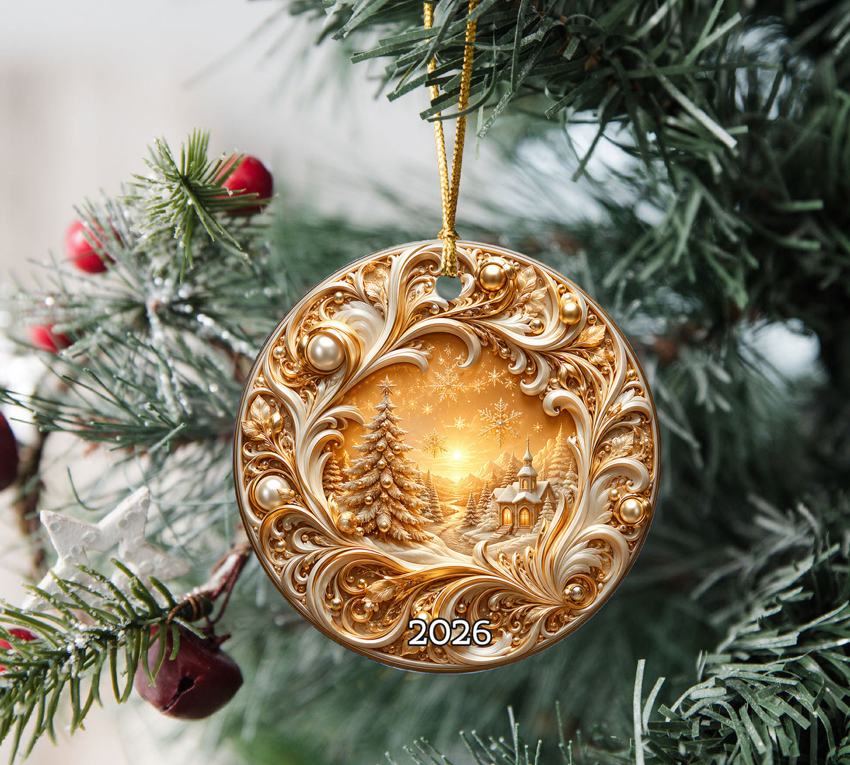 Gold Christmas Tree Ornament 2026, Christmas Tree Ceramic Ornament, Holiday Christmas Decoration, Christmas Keepsake Gift for Family and Friends
