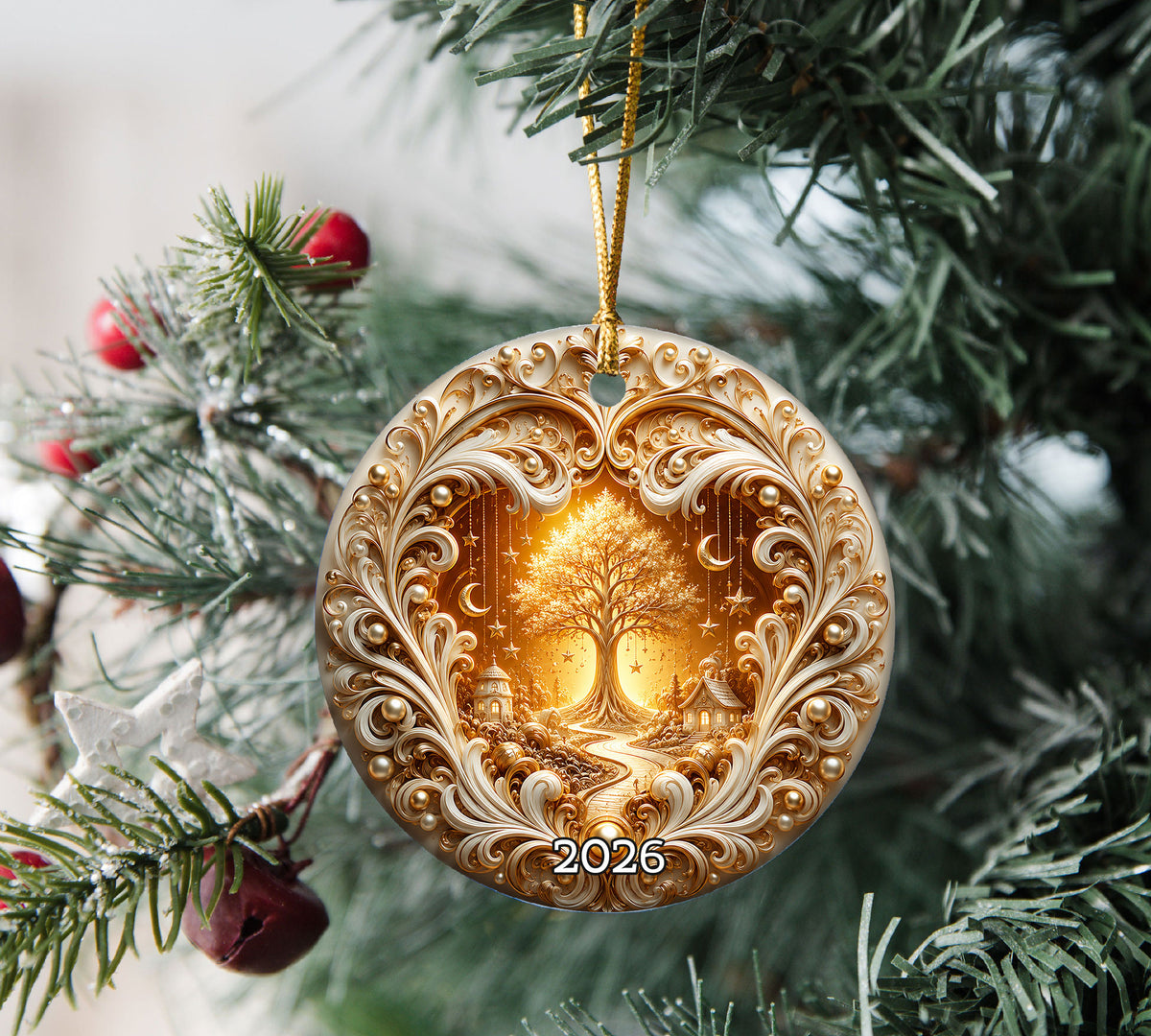 Tree of Life Christmas Ornament 2026, Golden Ceramic Christmas Ornament, Winter Holiday Decoration, Christmas Gift for Friends and Family