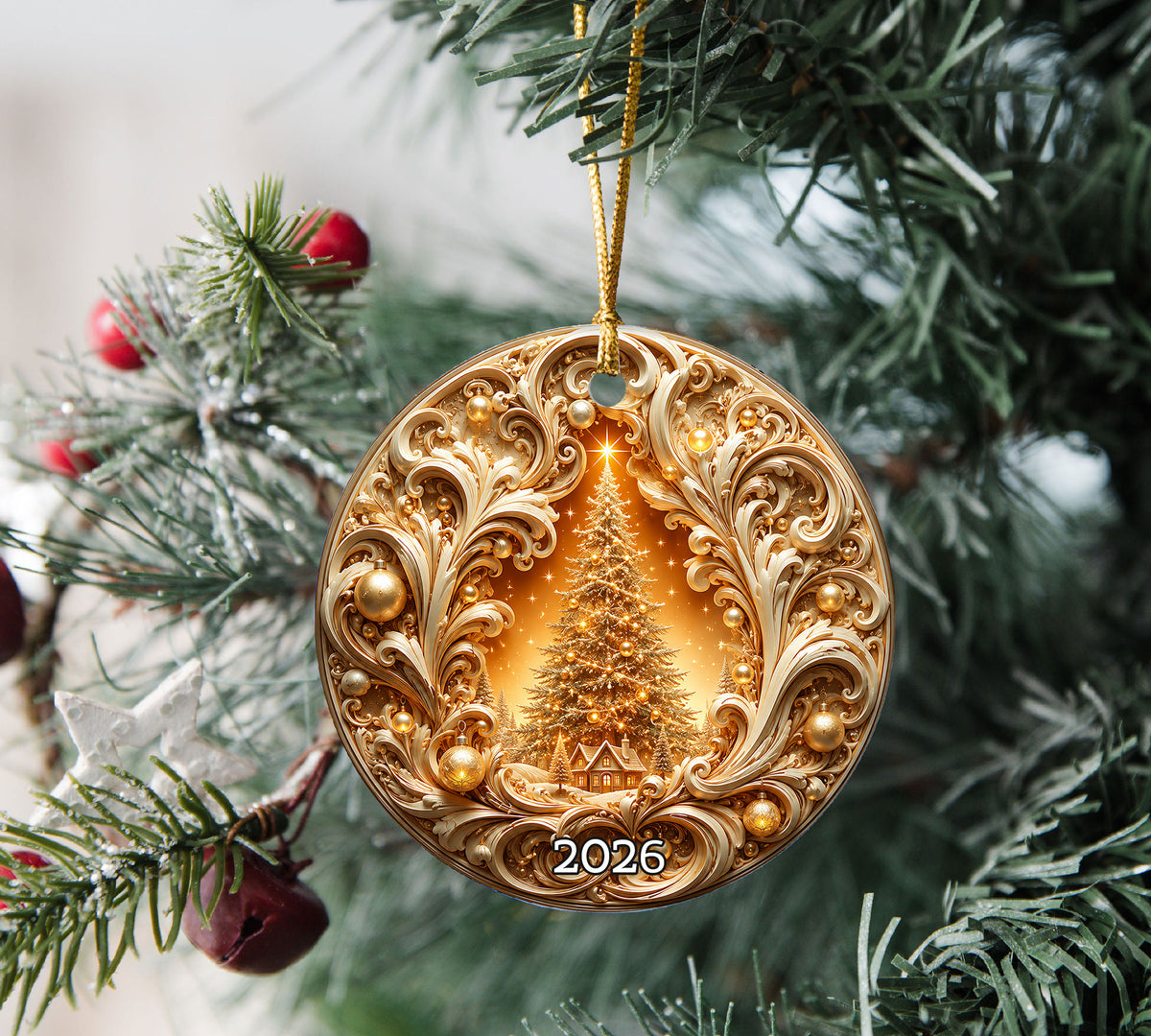 Christmas Tree Ornament 2026, Gold Ceramic Christmas Ornament, Holiday Decoration, Christmas Tree Decor