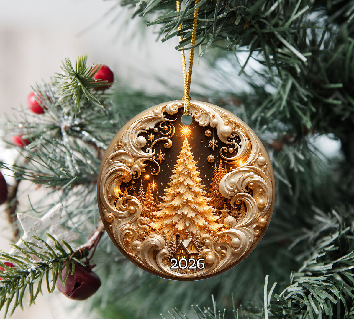 2026 Gold Christmas Ornament, Christmas Tree Holiday Ornament, Ceramic Christmas Decoration, Keepsake Gift for Family and Home