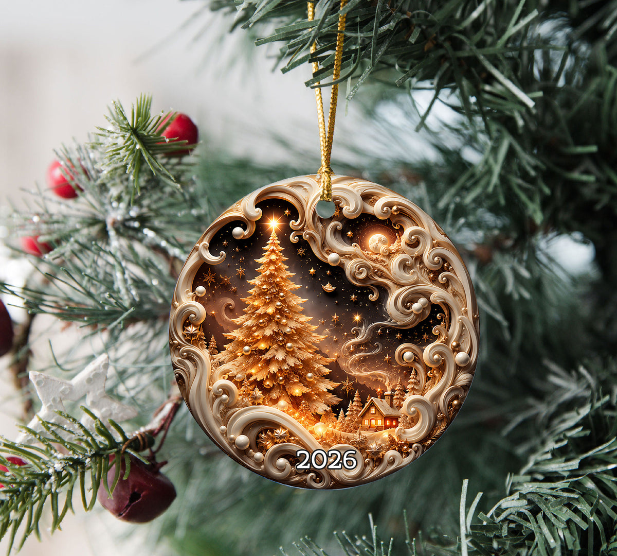 Elegant Christmas Tree Ornament 2026, Golden Winter Landscape Ornament, Holiday Keepsake Decoration