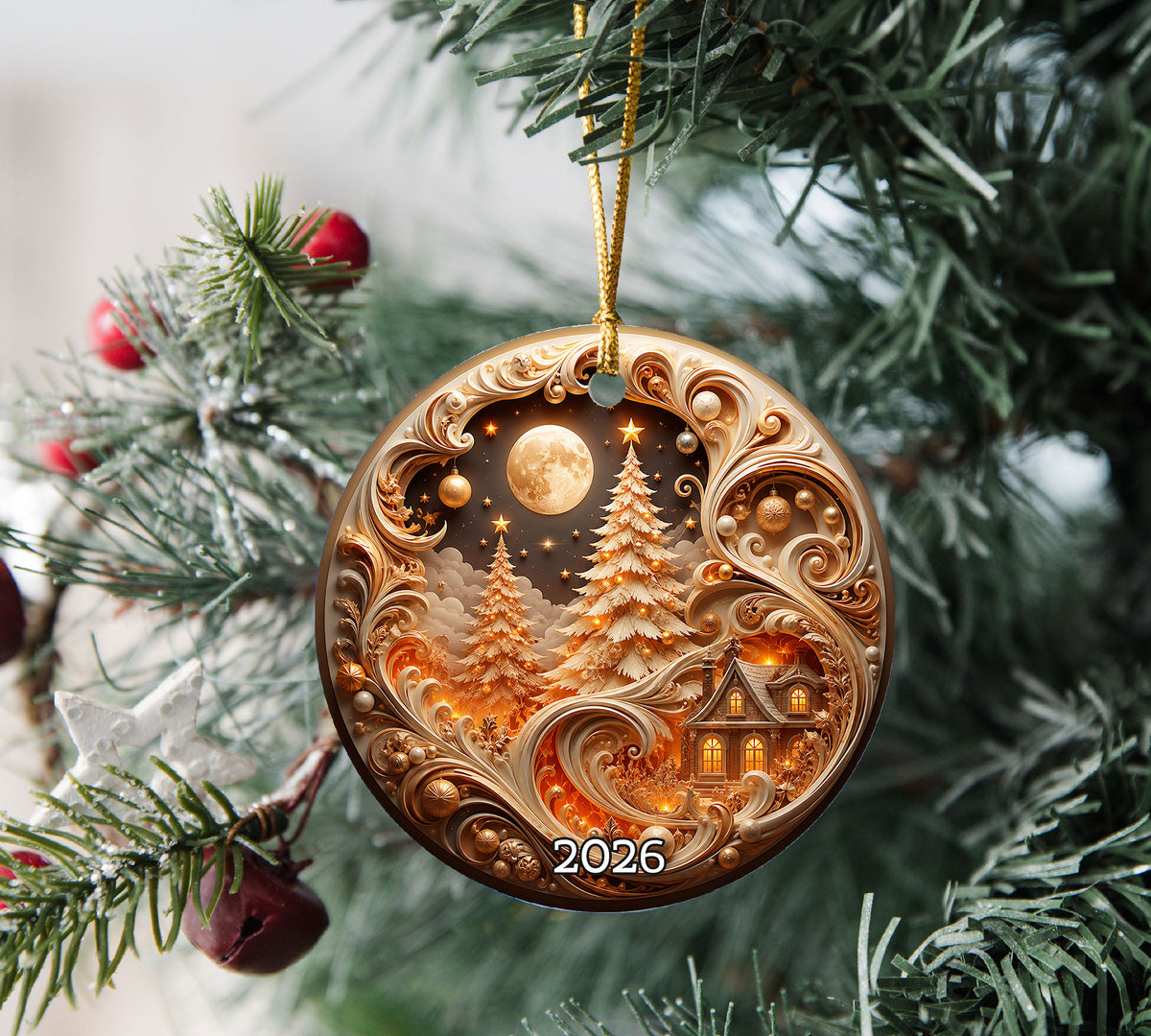 Elegant Christmas Tree Ornament 2026, Gold Holiday Ceramic Ornament, Christmas Decoration, Winter Home Decor, Christmas Gift Idea