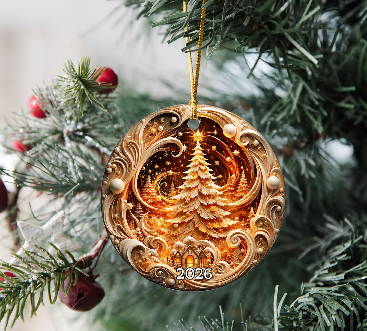 Ceramic Christmas Tree Ornament 2026, Gold Christmas Decoration, Holiday Keepsake Ornament, Christmas Gift for Home and Family