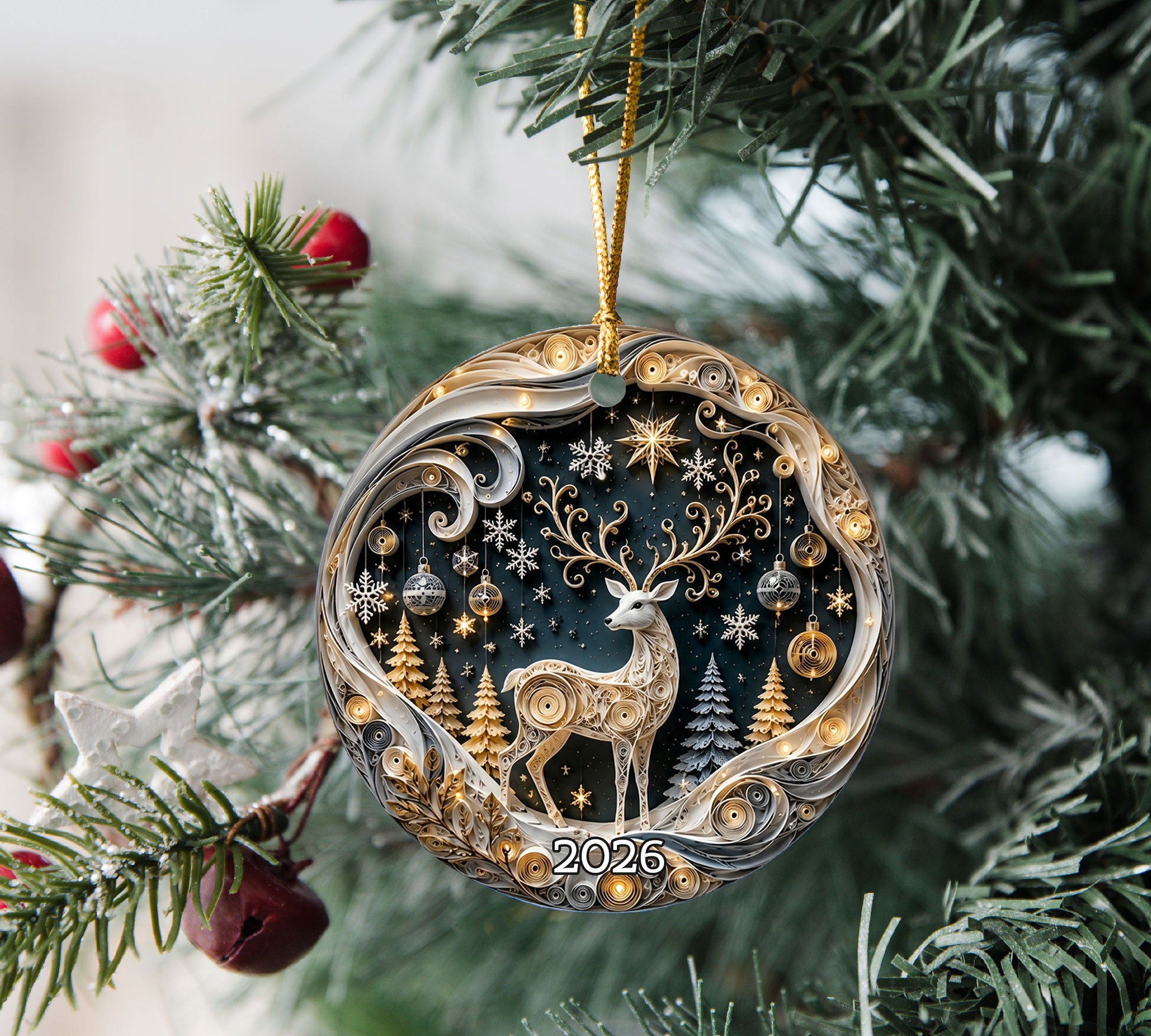Elegant Deer Ornament 2026, Christmas Ceramic Ornament, Woodland Tree Decoration, Rustic Holiday Keepsake Gift