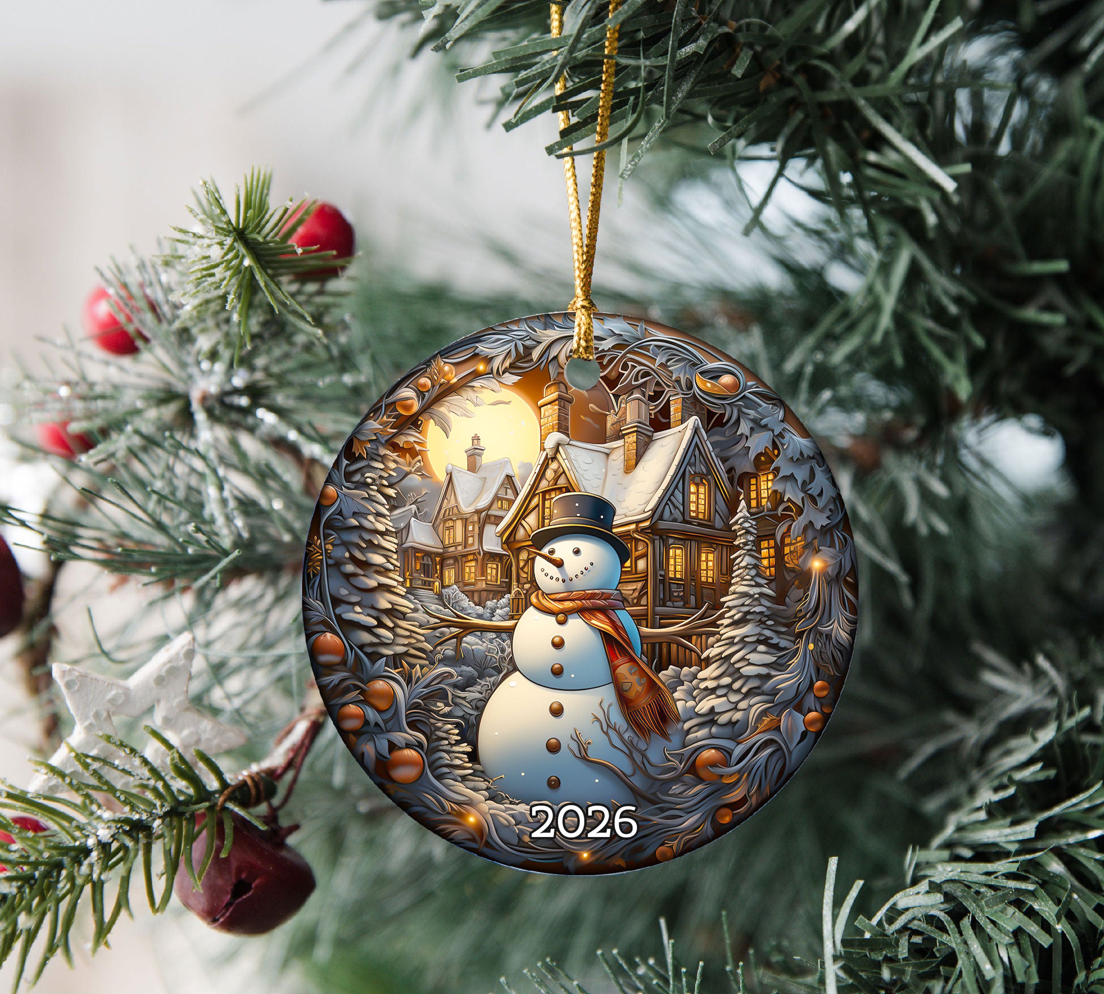 Rustic Snowman Ornament 2026, Christmas Tree Ceramic Ornament, Winter Holiday Decoration, Snowman Keepsake Gift for Family