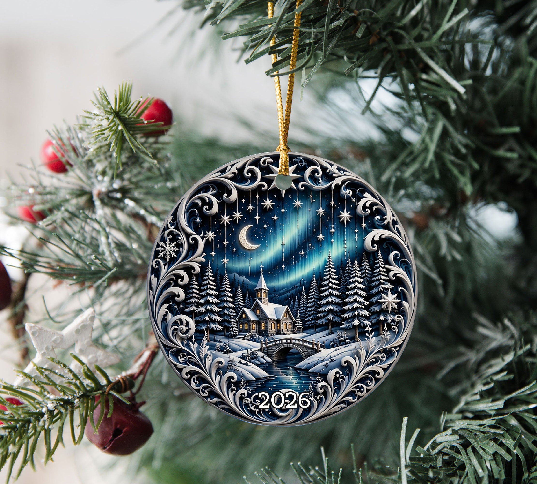 Aurora Borealis Christmas Night Ornament 2026, Moonlit Winter Village Ceramic Ornament, Holiday Tree Decoration