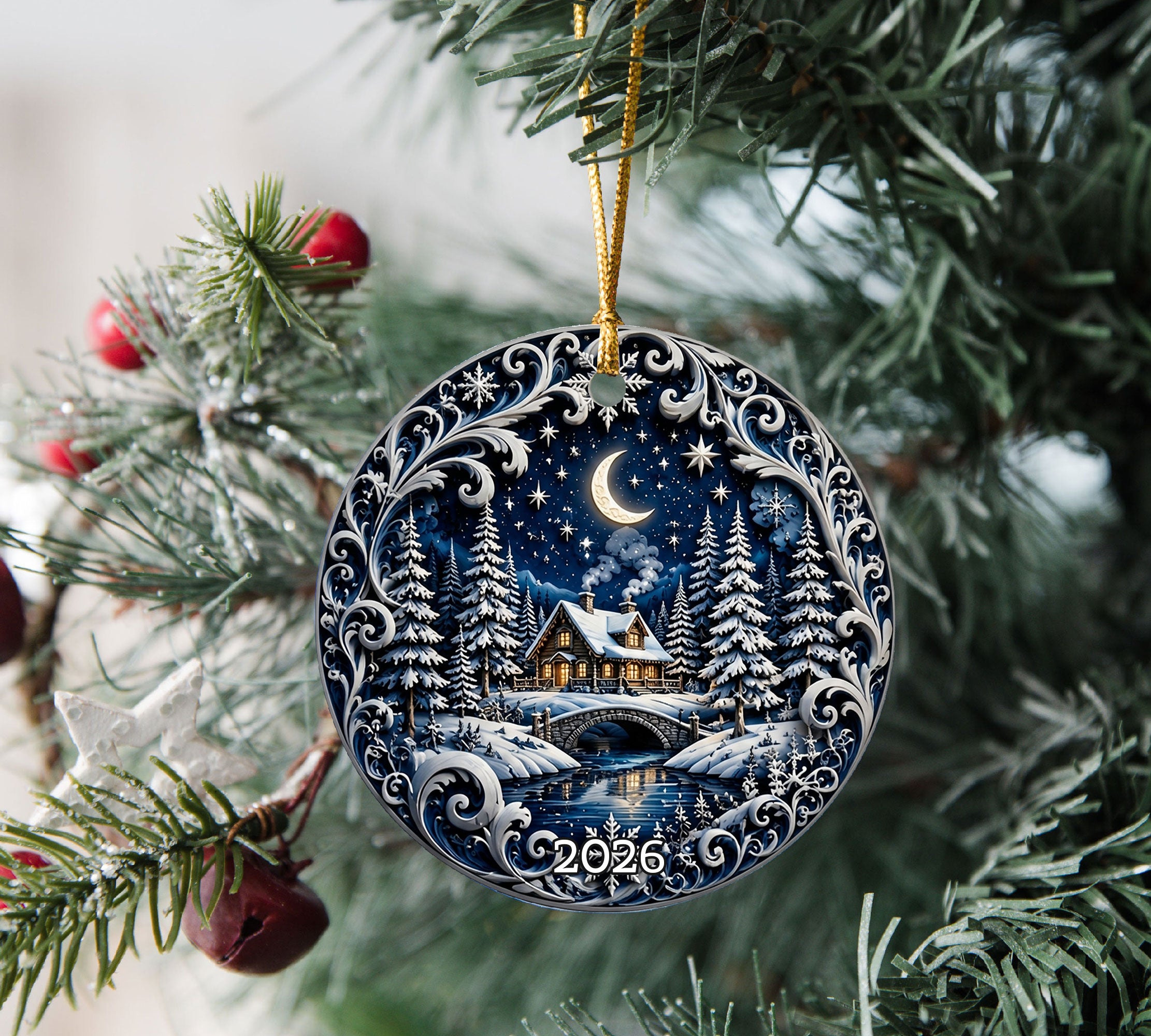 Winter Christmas Eve Ornament 2026, Moonlit Snowy Village Ceramic Ornament, Holiday Tree Decoration
