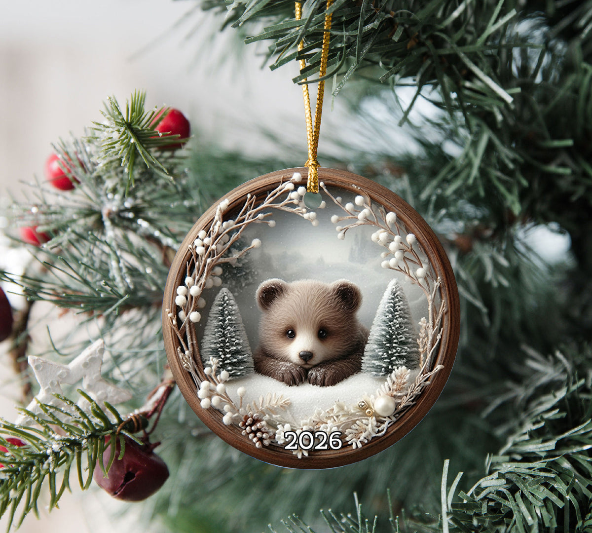 Baby Bear Christmas Ornament 2026, Cute Woodland Bear Ornament, Winter Forest Christmas Tree Decor