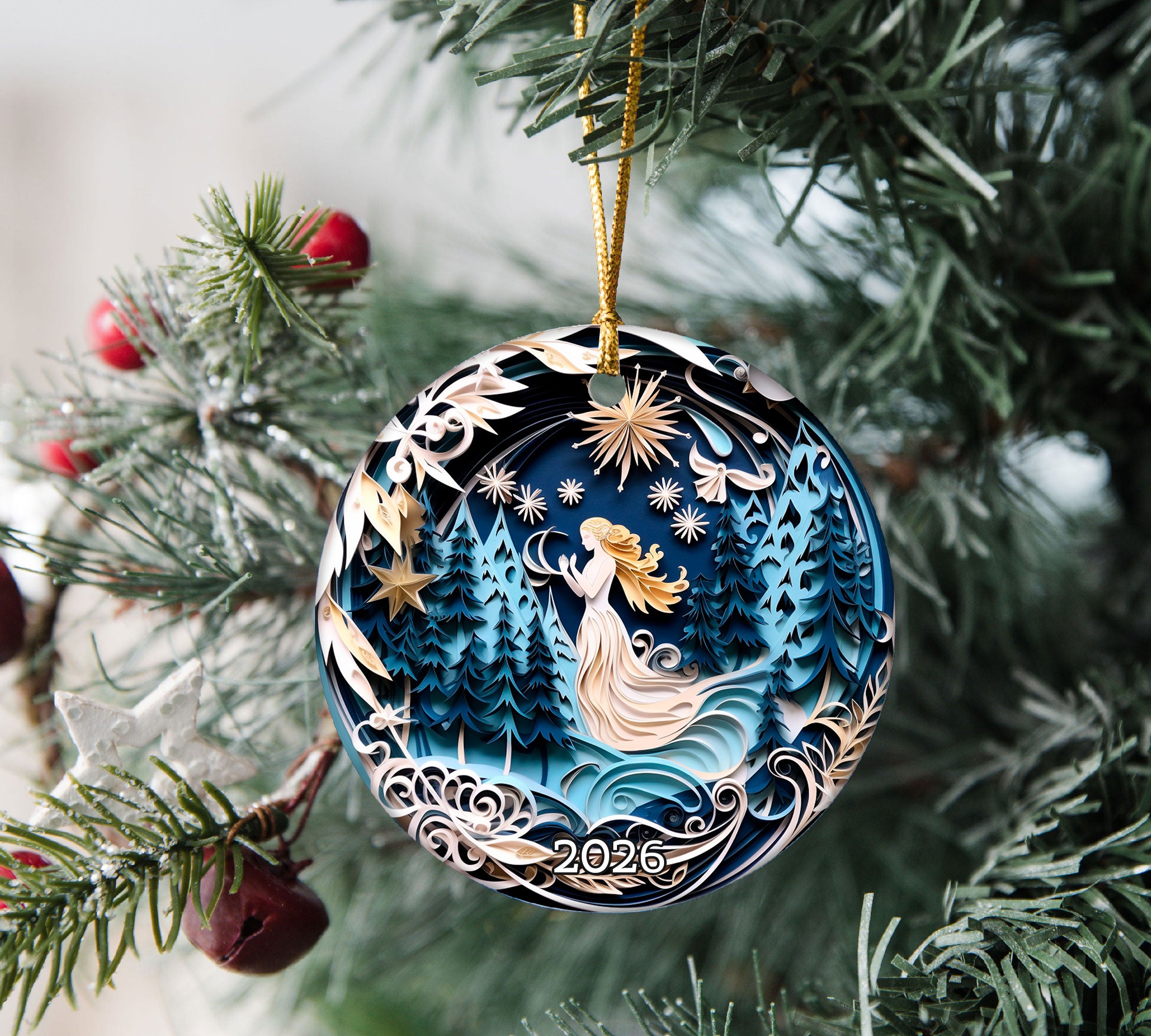 Angel Paper Art Effect Christmas Ornament, Ceramic Christmas Ornament Double-Sided Holiday Keepsake