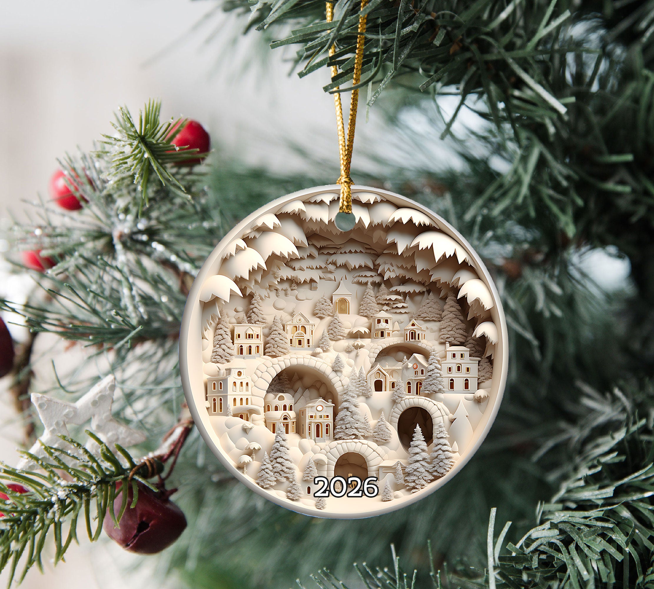 Holiday Decor, Christmas Tree Decoration, Magical Night Scene Ornament, Festive Gift Idea