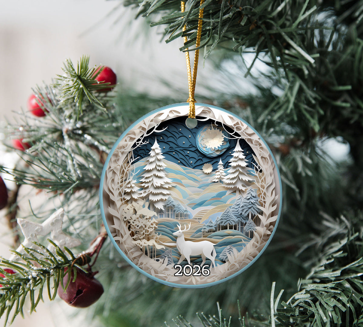 Christmas Winter Wonderland Ornament, Christmas Tree Decoration, Holiday Gift, Ceramic Round Ornament, Dated Ornament