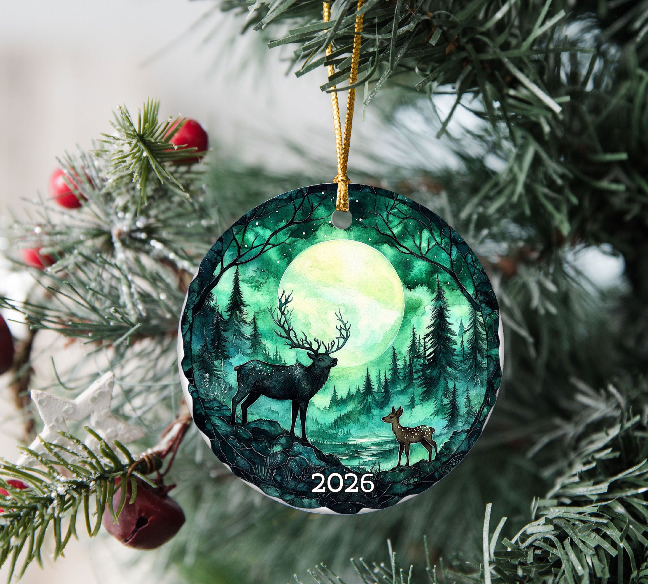 Deer Aurora Borealis Ceramic Ornament, Nature Lover Gift for Christmas Ornament for Friend, Night Scene Holiday Tree Decoration