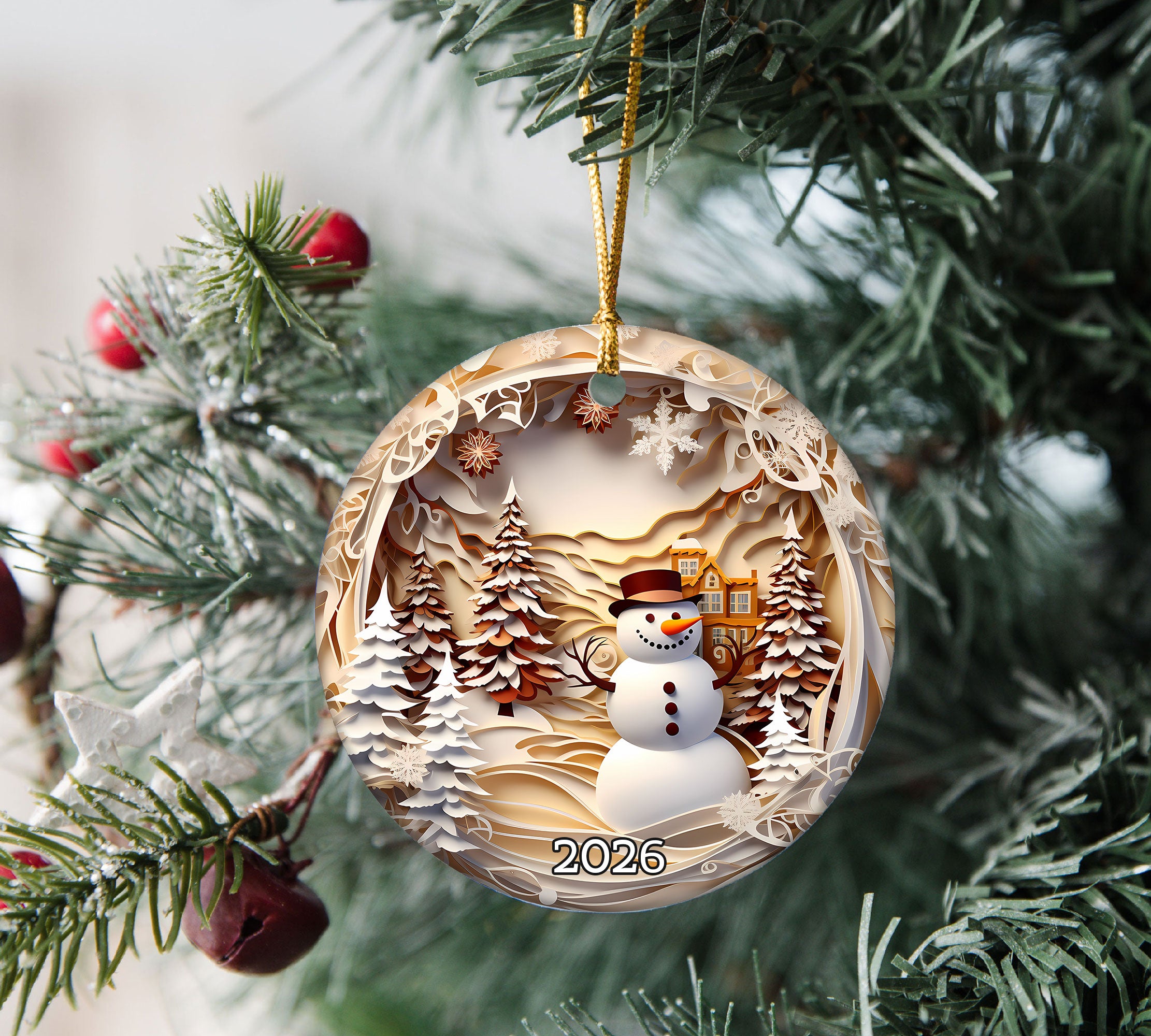 Snowman Forest Scene Ornament 2026, Christmas Ornament, Holiday Tree Decor, Xmas Keepsake, Christmas Gift for Family and Friends
